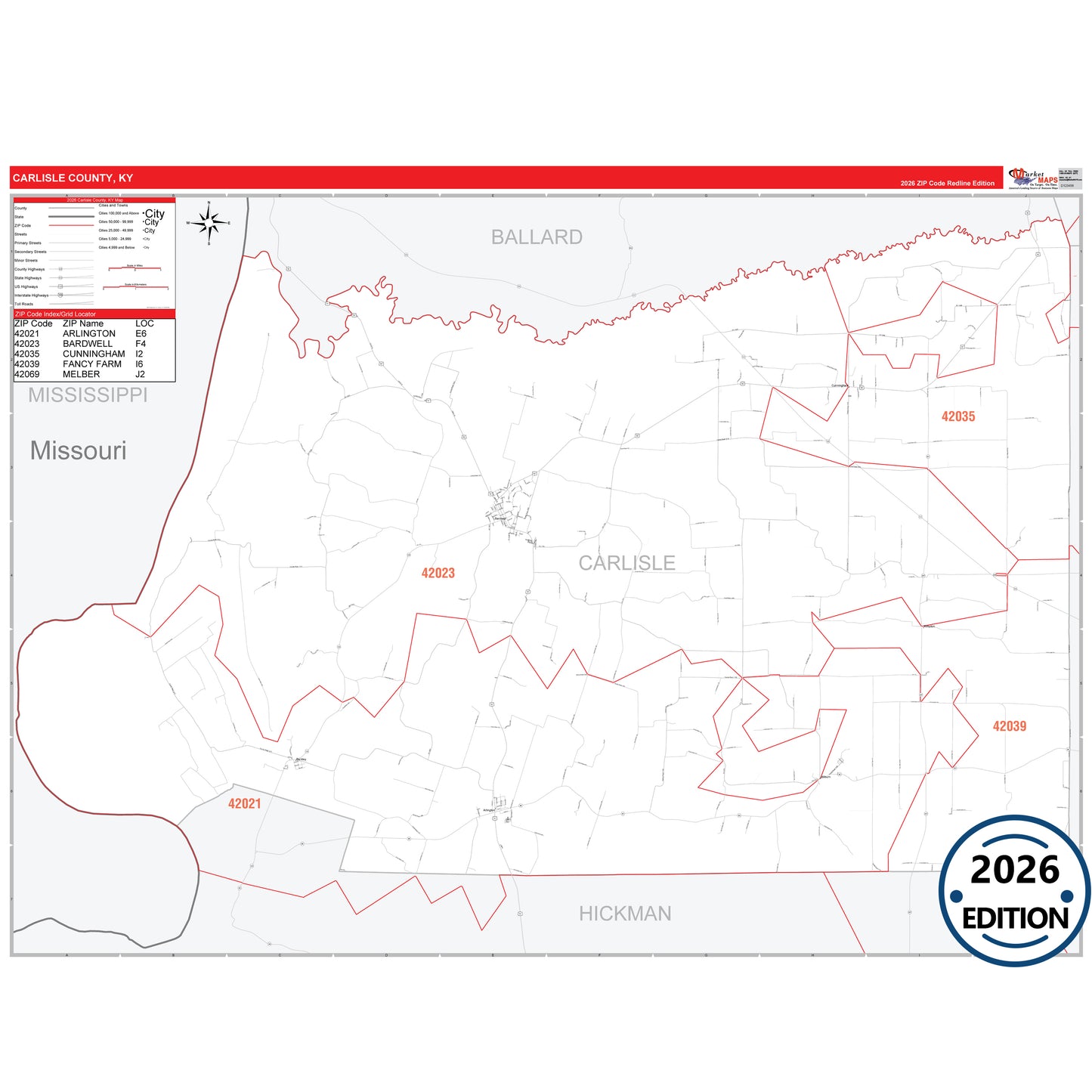 Carlisle County, KY Red Line 5 Digit ZIP Code Wall Map
