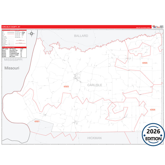 Carlisle County, KY Red Line 5 Digit ZIP Code Wall Map