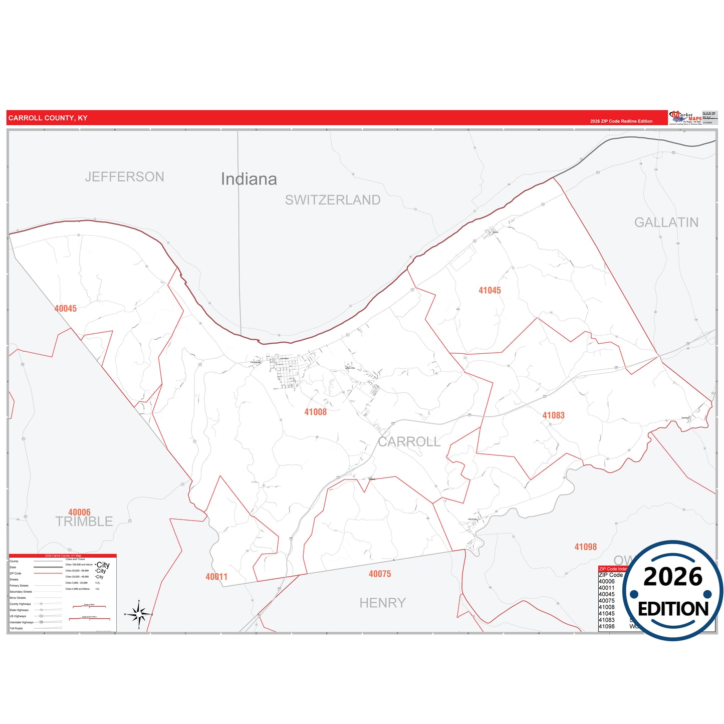 Carroll County, KY Red Line 5 Digit ZIP Code Wall Map