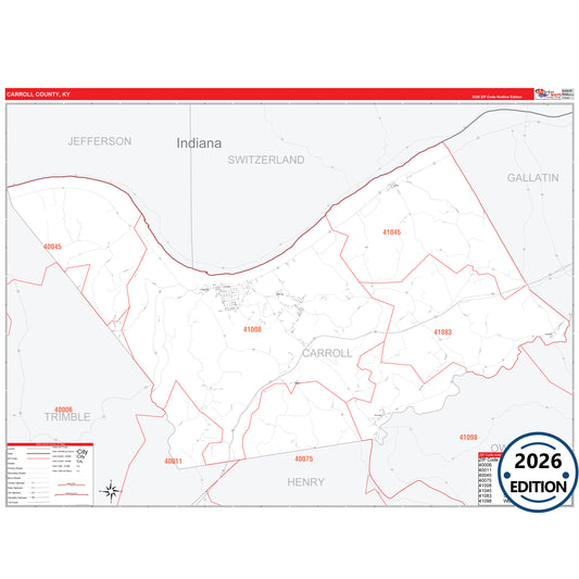 Carroll County, KY Red Line 5 Digit ZIP Code Wall Map