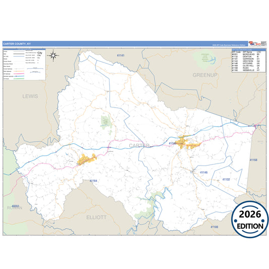 Carter County, KY Business Reference 5 Digit ZIP Code Wall Map