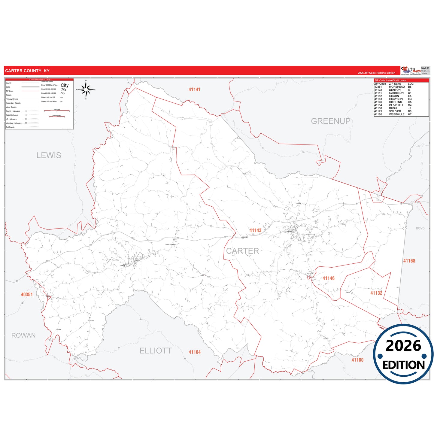 Carter County, KY Red Line 5 Digit ZIP Code Wall Map