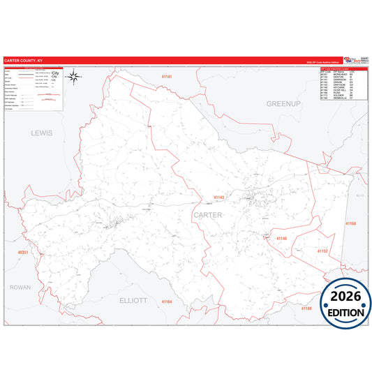Carter County, KY Red Line 5 Digit ZIP Code Wall Map