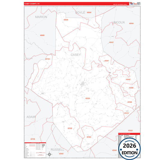 Casey County, KY Red Line 5 Digit ZIP Code Wall Map
