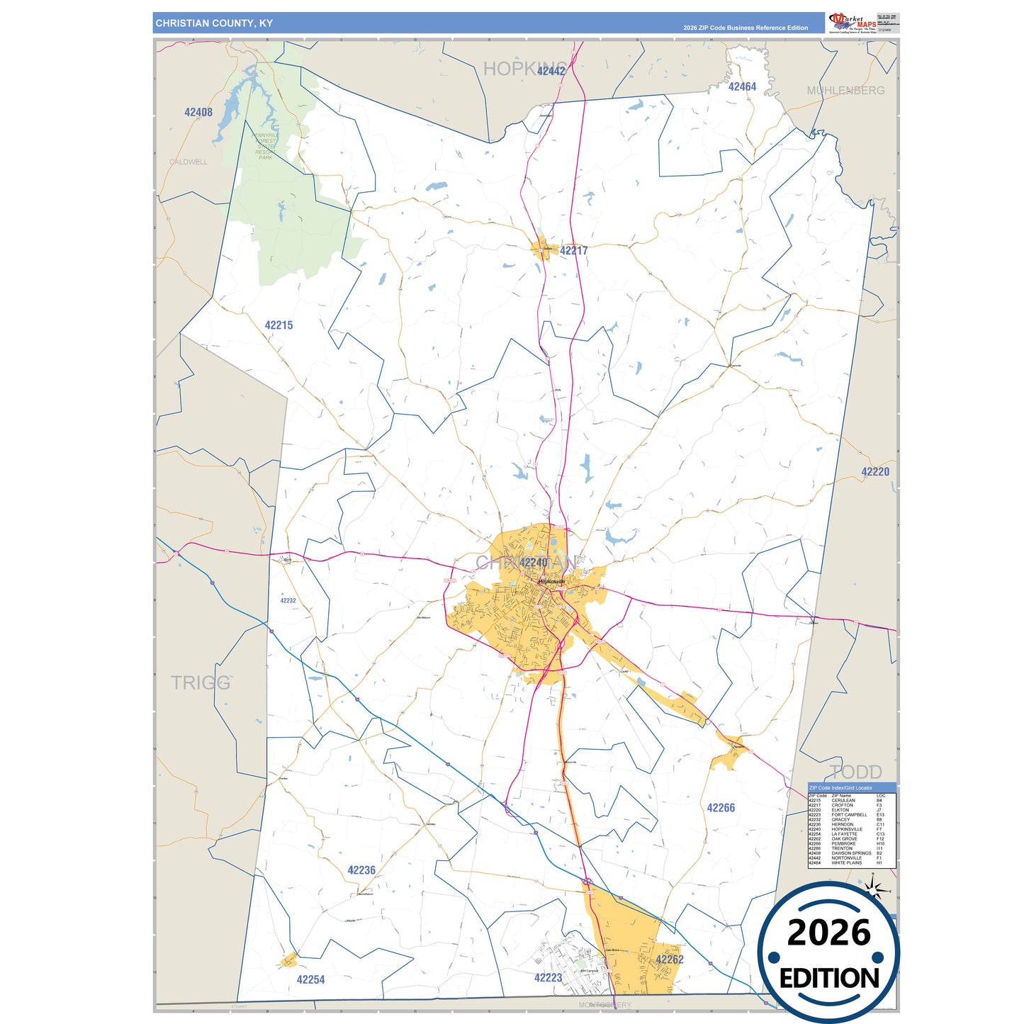 Christian County, KY Business Reference 5 Digit ZIP Code Wall Map