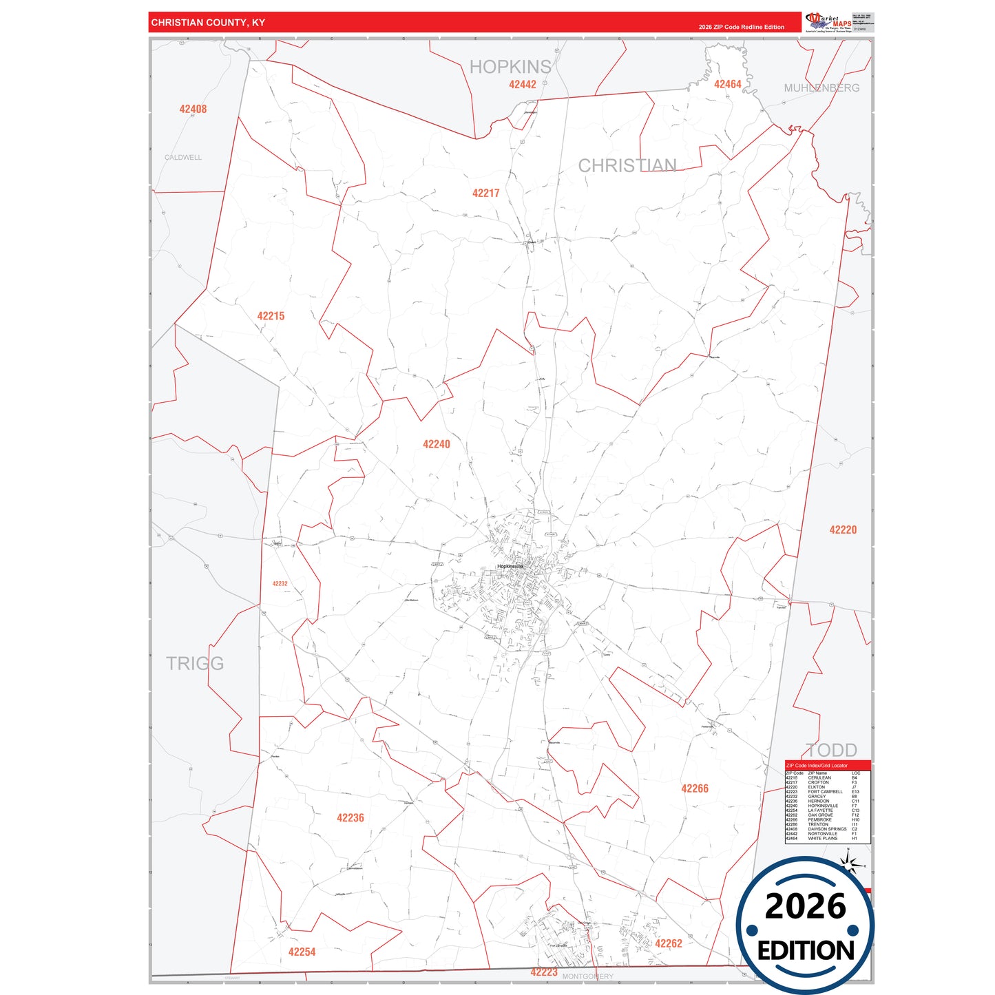 Christian County, KY Red Line 5 Digit ZIP Code Wall Map