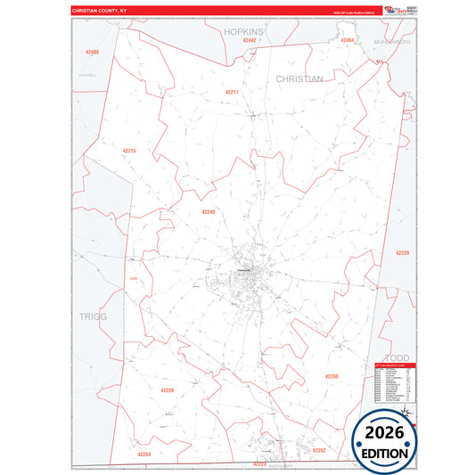 Christian County, KY Red Line 5 Digit ZIP Code Wall Map
