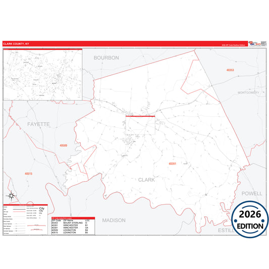 Clark County, KY Red Line 5 Digit ZIP Code Wall Map