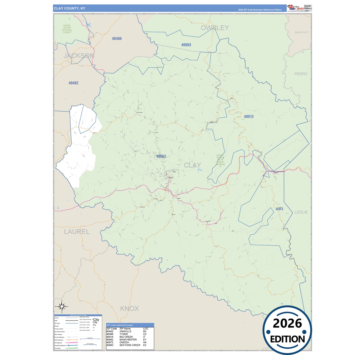 Clay County, KY Business Reference 5 Digit ZIP Code Wall Map