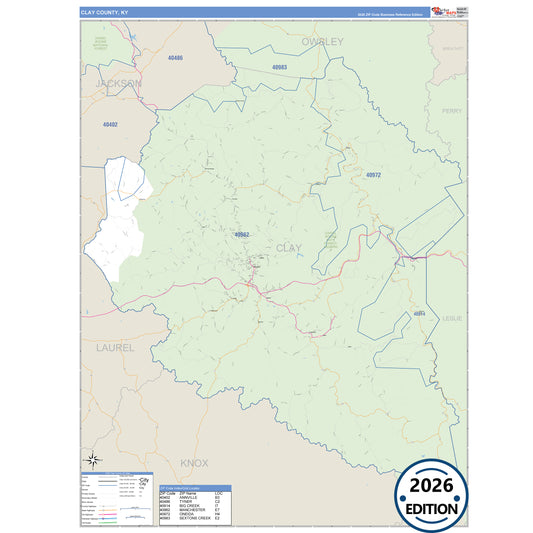 Clay County, KY Business Reference 5 Digit ZIP Code Wall Map