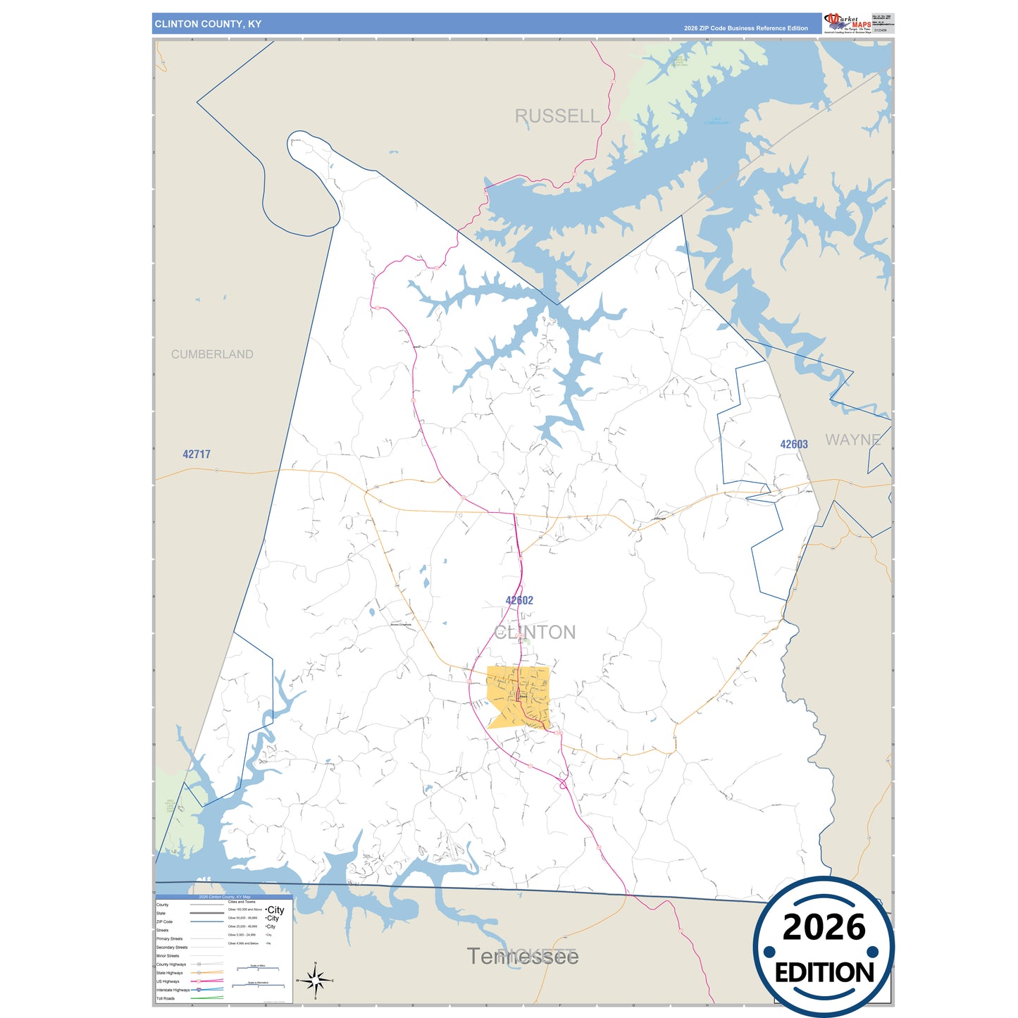 Clinton County, KY Business Reference 5 Digit ZIP Code Wall Map