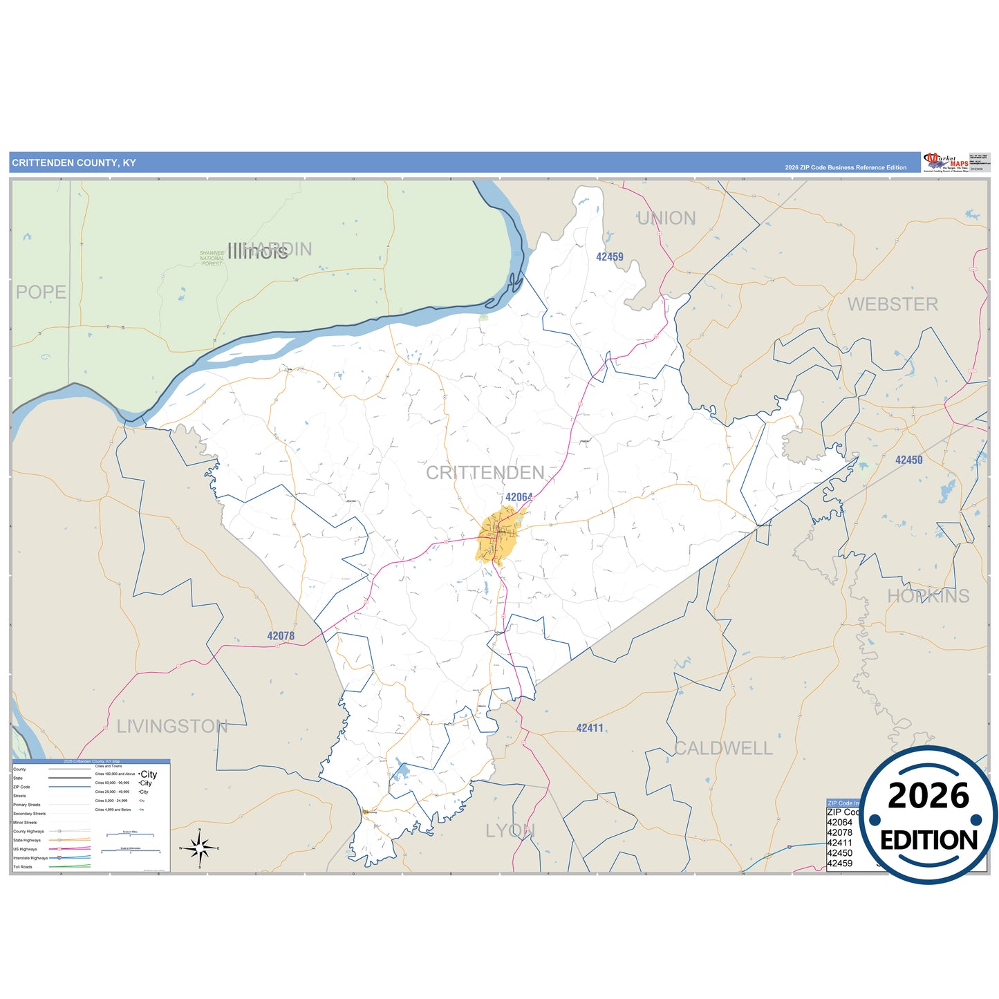 Crittenden County, KY Business Reference 5 Digit ZIP Code Wall Map