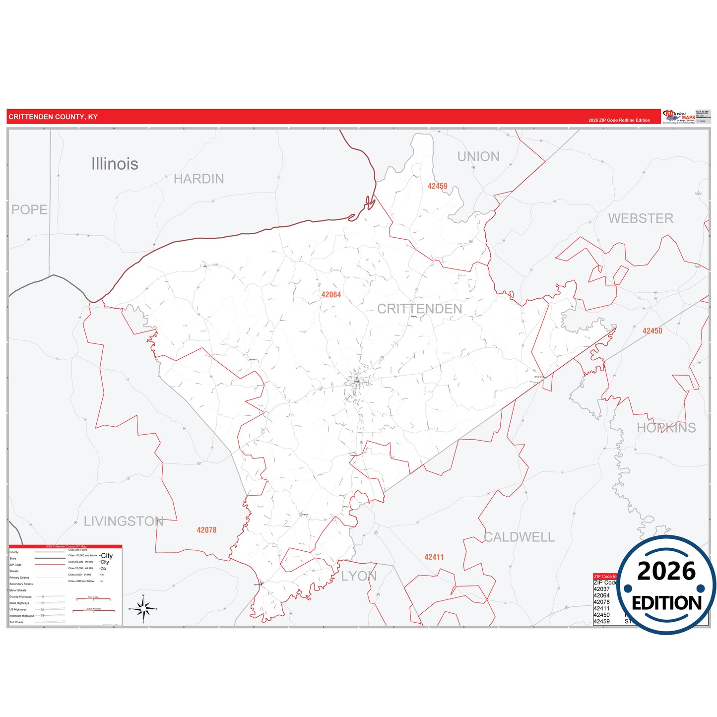 Crittenden County, KY Red Line 5 Digit ZIP Code Wall Map