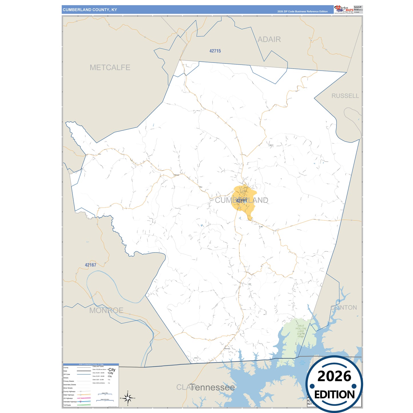 Cumberland County, KY Business Reference 5 Digit ZIP Code Wall Map