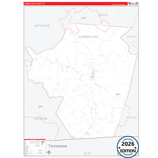 Cumberland County, KY Red Line 5 Digit ZIP Code Wall Map