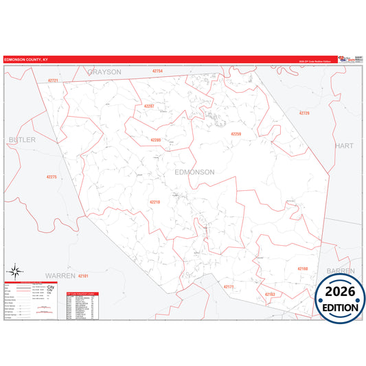 Edmonson County, KY Red Line 5 Digit ZIP Code Wall Map