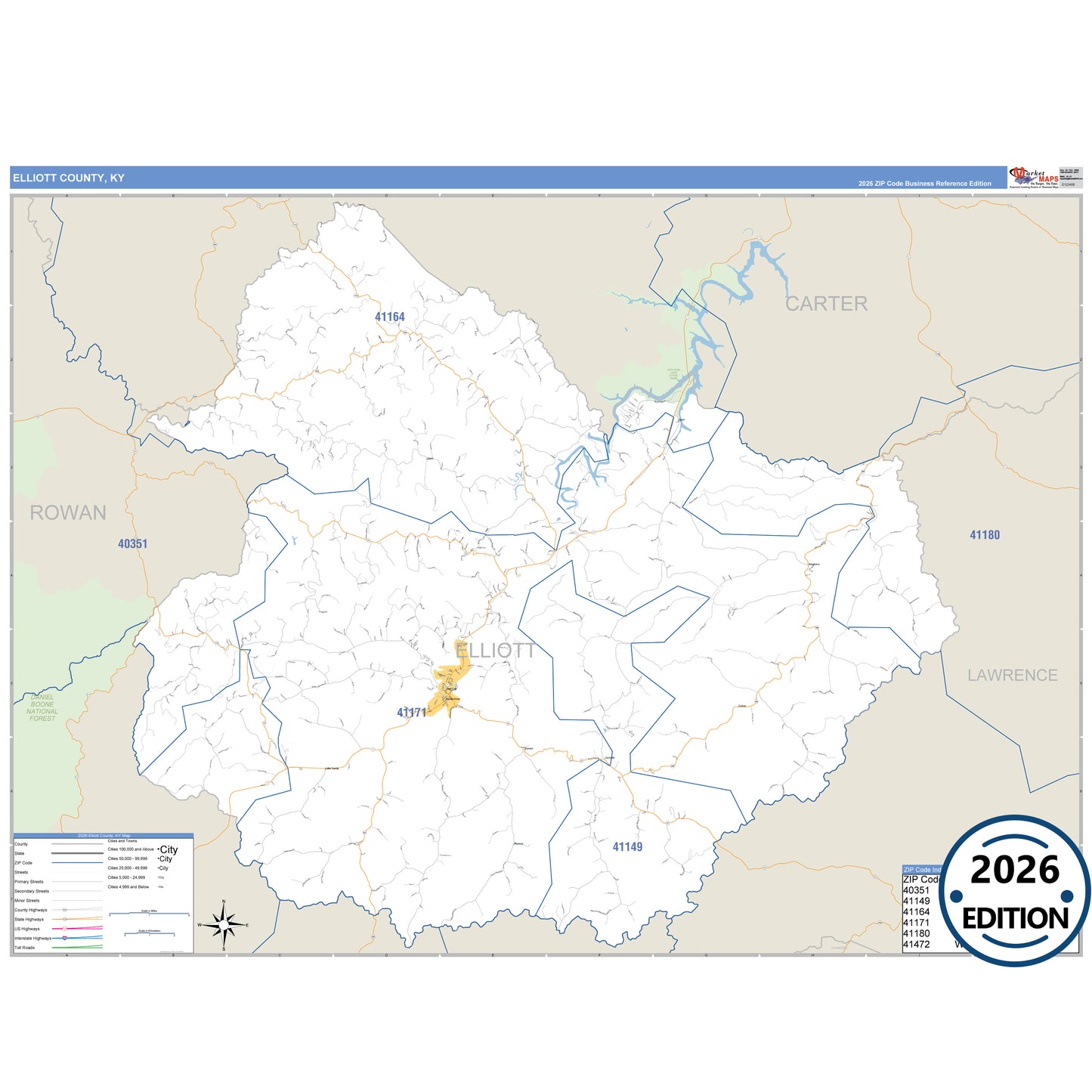 Elliott County, KY Business Reference 5 Digit ZIP Code Wall Map
