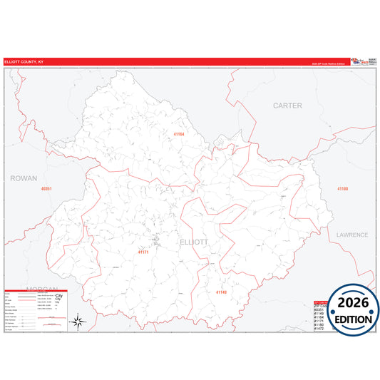 Elliott County, KY Red Line 5 Digit ZIP Code Wall Map