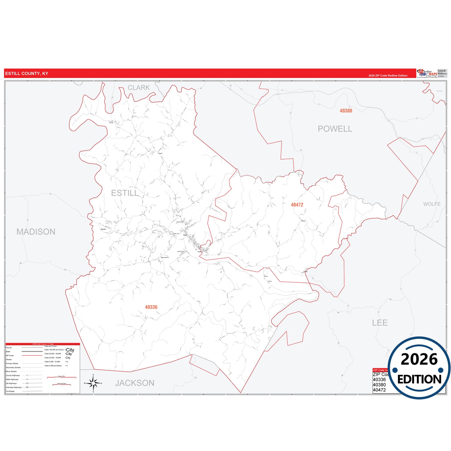 Estill County, KY Red Line 5 Digit ZIP Code Wall Map