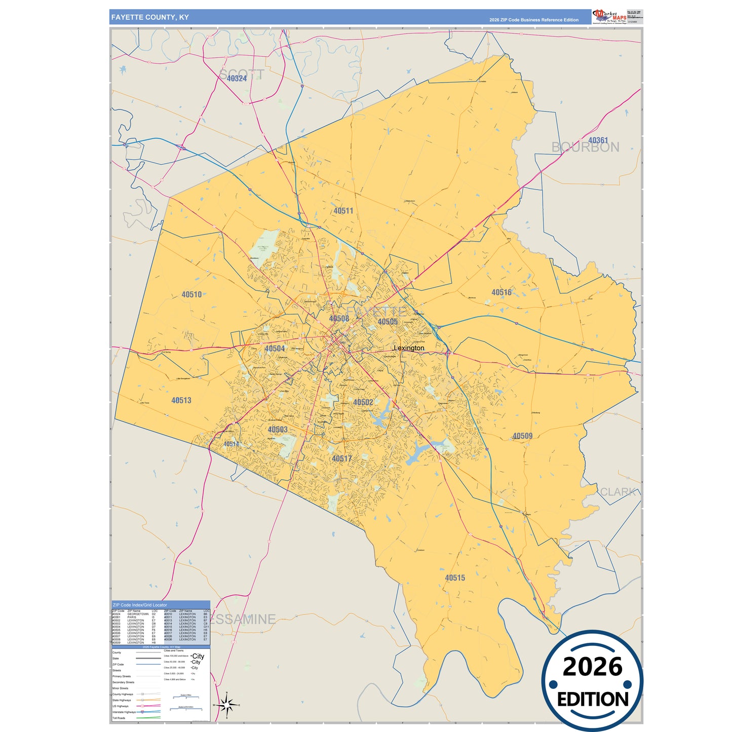 Fayette County, KY Business Reference 5 Digit ZIP Code Wall Map