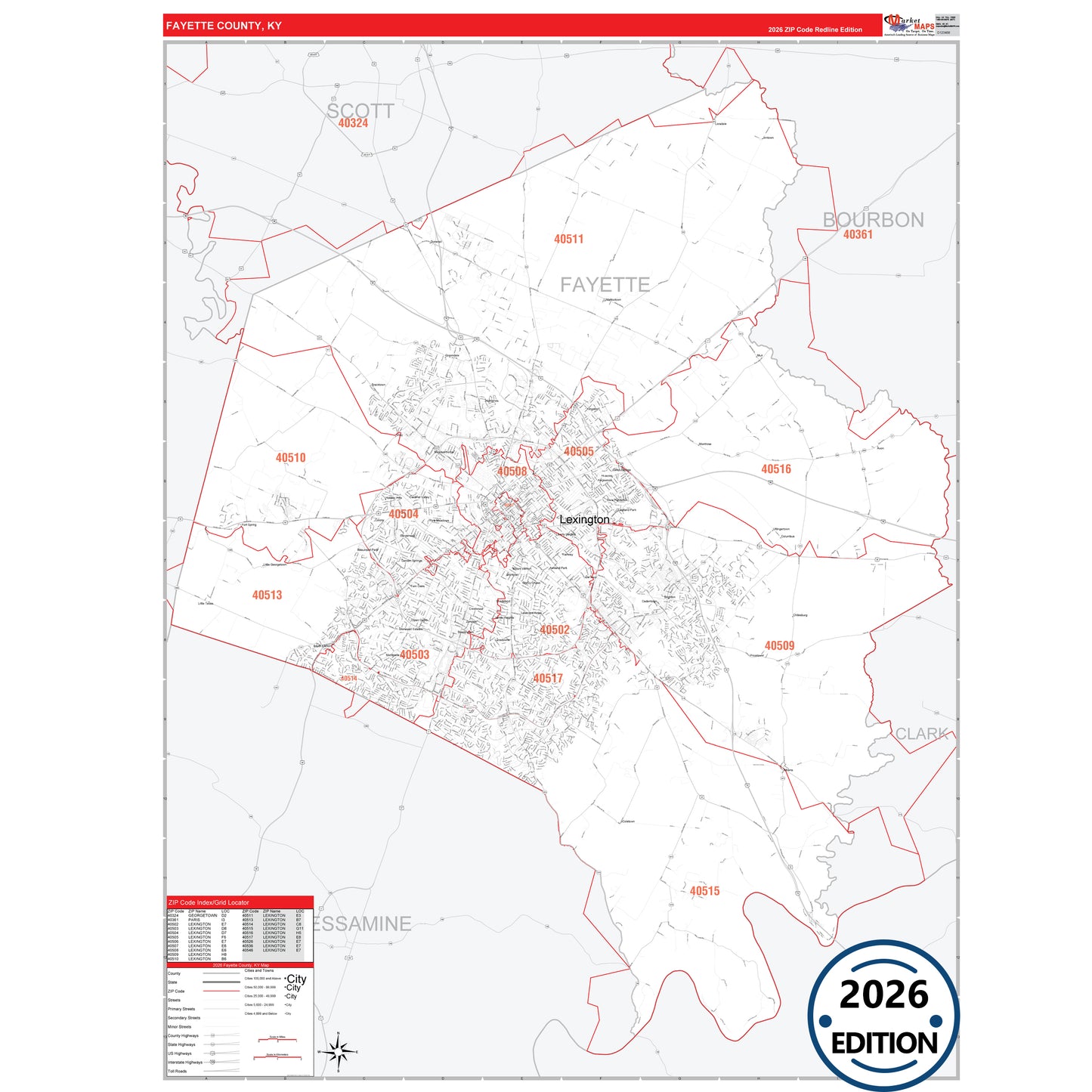 Fayette County, KY Red Line map with detailed roads, cities, and ZIP code boundaries.
