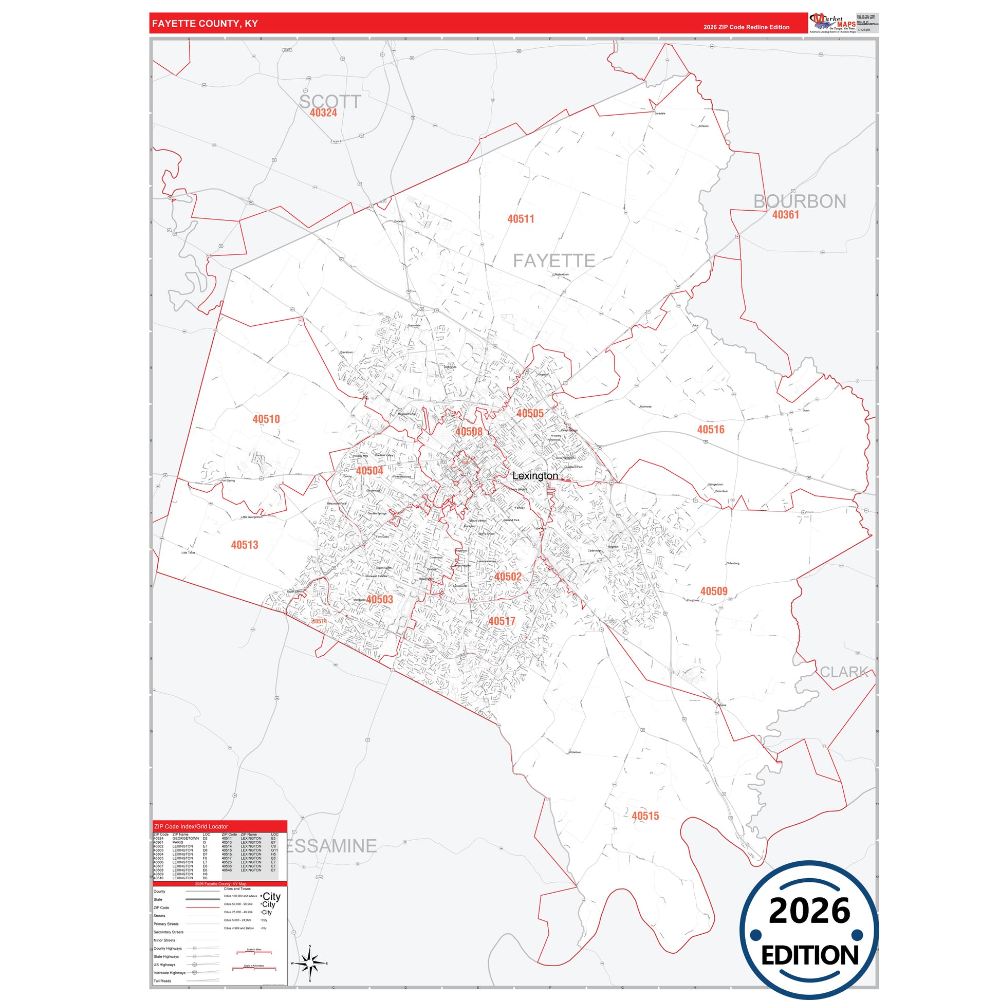 Fayette County, KY Red Line map with detailed roads, cities, and ZIP code boundaries.