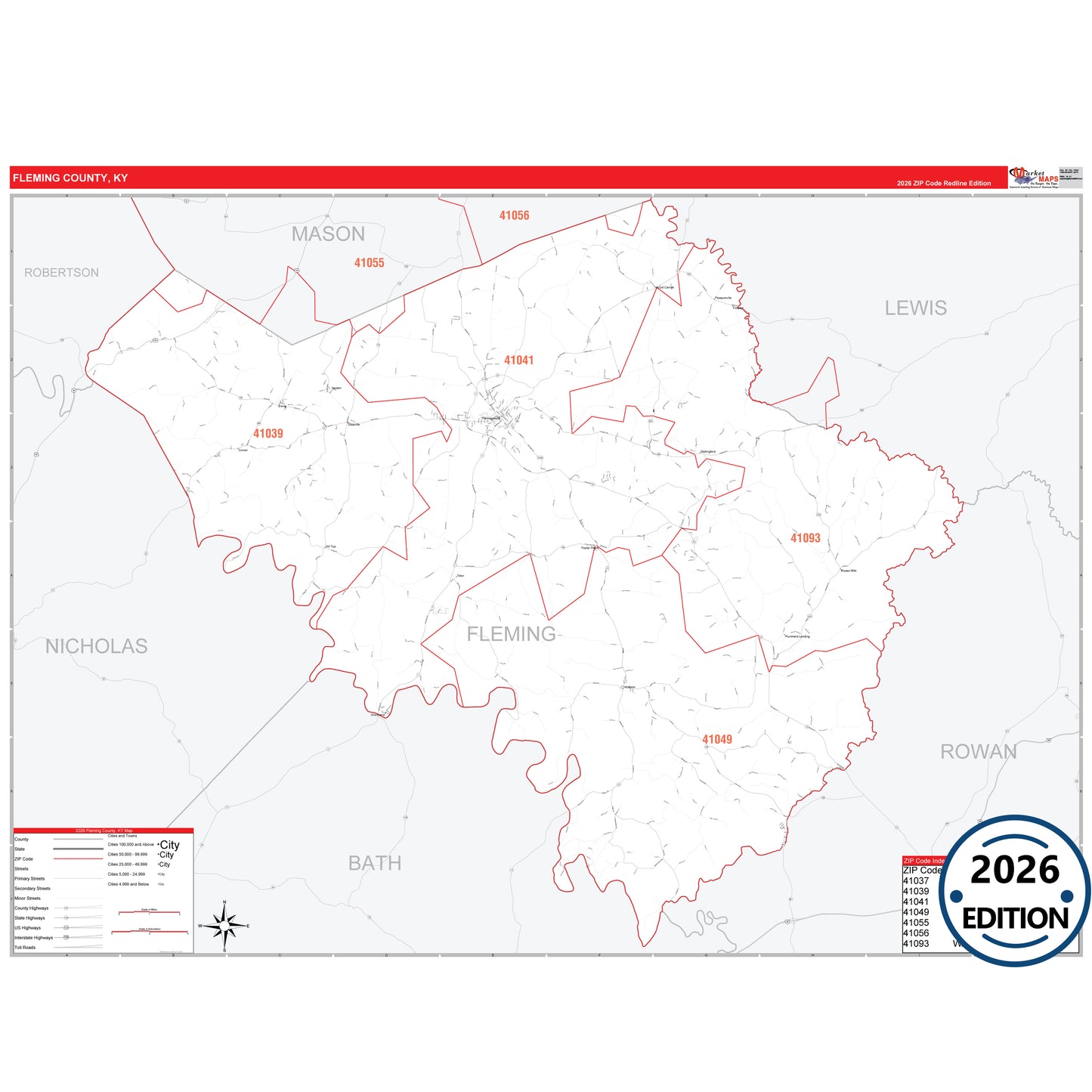 Fleming County, KY Red Line 5 Digit ZIP Code Wall Map