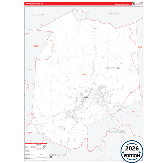Franklin County, KY Red Line 5 Digit ZIP Code Wall Map
