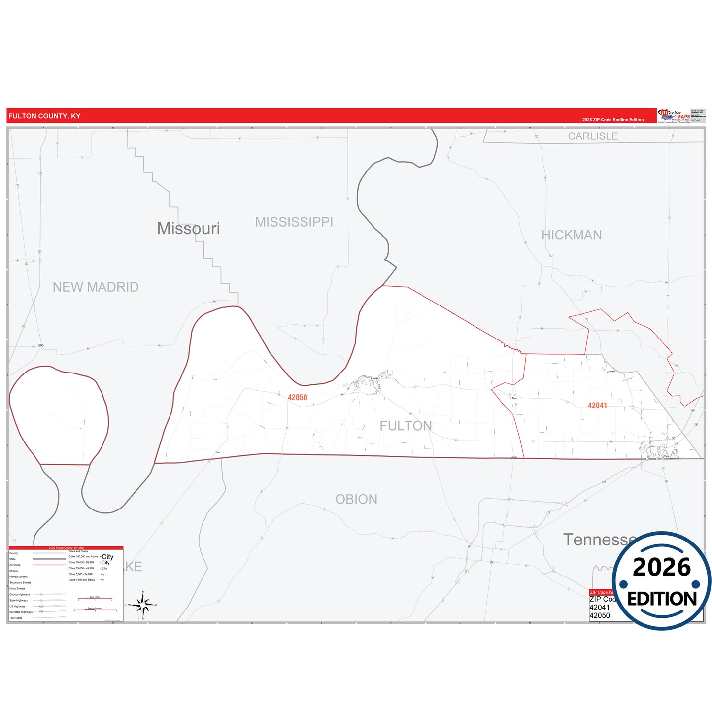 Fulton County, KY Red Line 5 Digit ZIP Code Wall Map