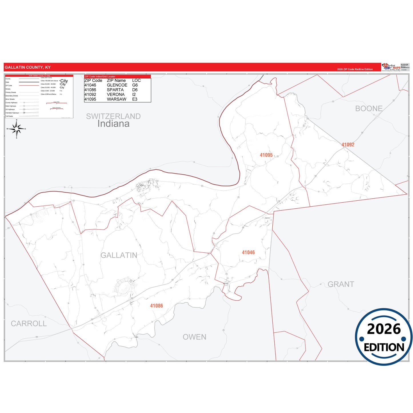Gallatin County, KY Red Line 5 Digit ZIP Code Wall Map