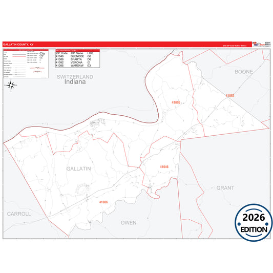 Gallatin County, KY Red Line 5 Digit ZIP Code Wall Map