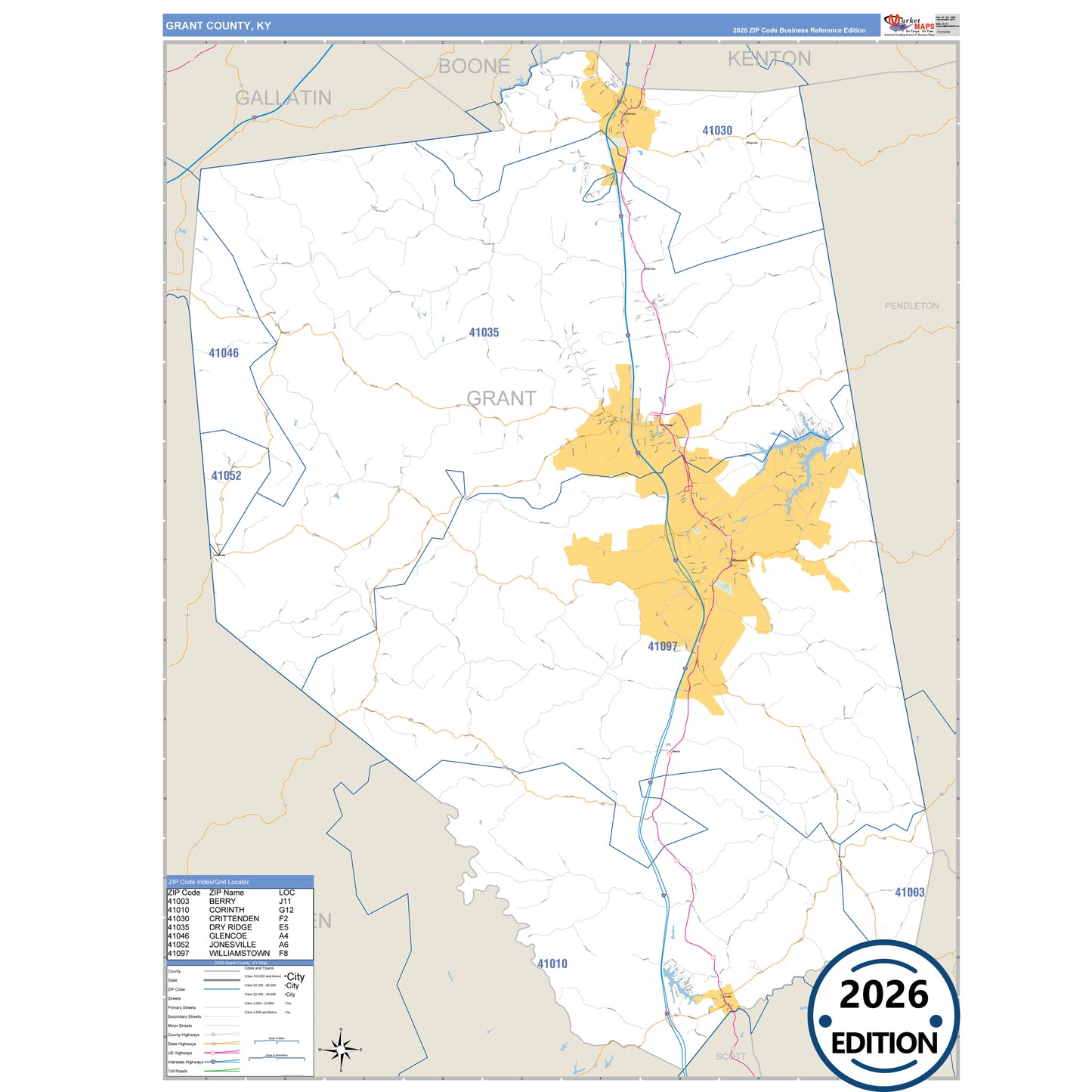 Grant County, KY Business Reference 5 Digit ZIP Code Wall Map