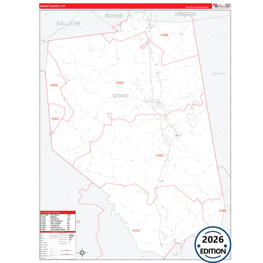 Grant County, KY Red Line 5 Digit ZIP Code Wall Map