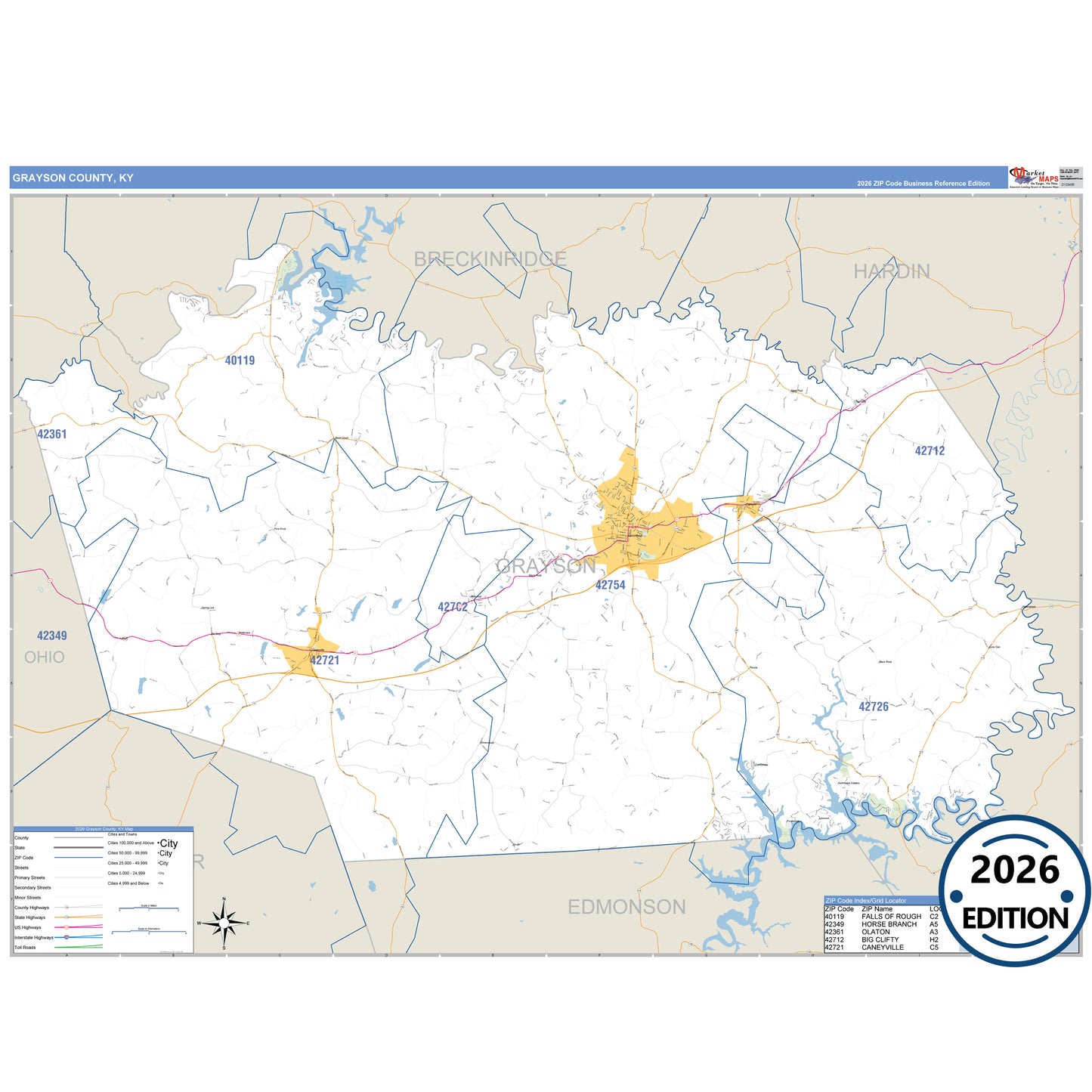 Grayson County, KY Business Reference 5 Digit ZIP Code Wall Map