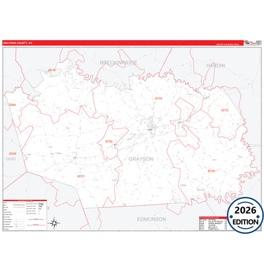 Grayson County, KY Red Line 5 Digit ZIP Code Wall Map