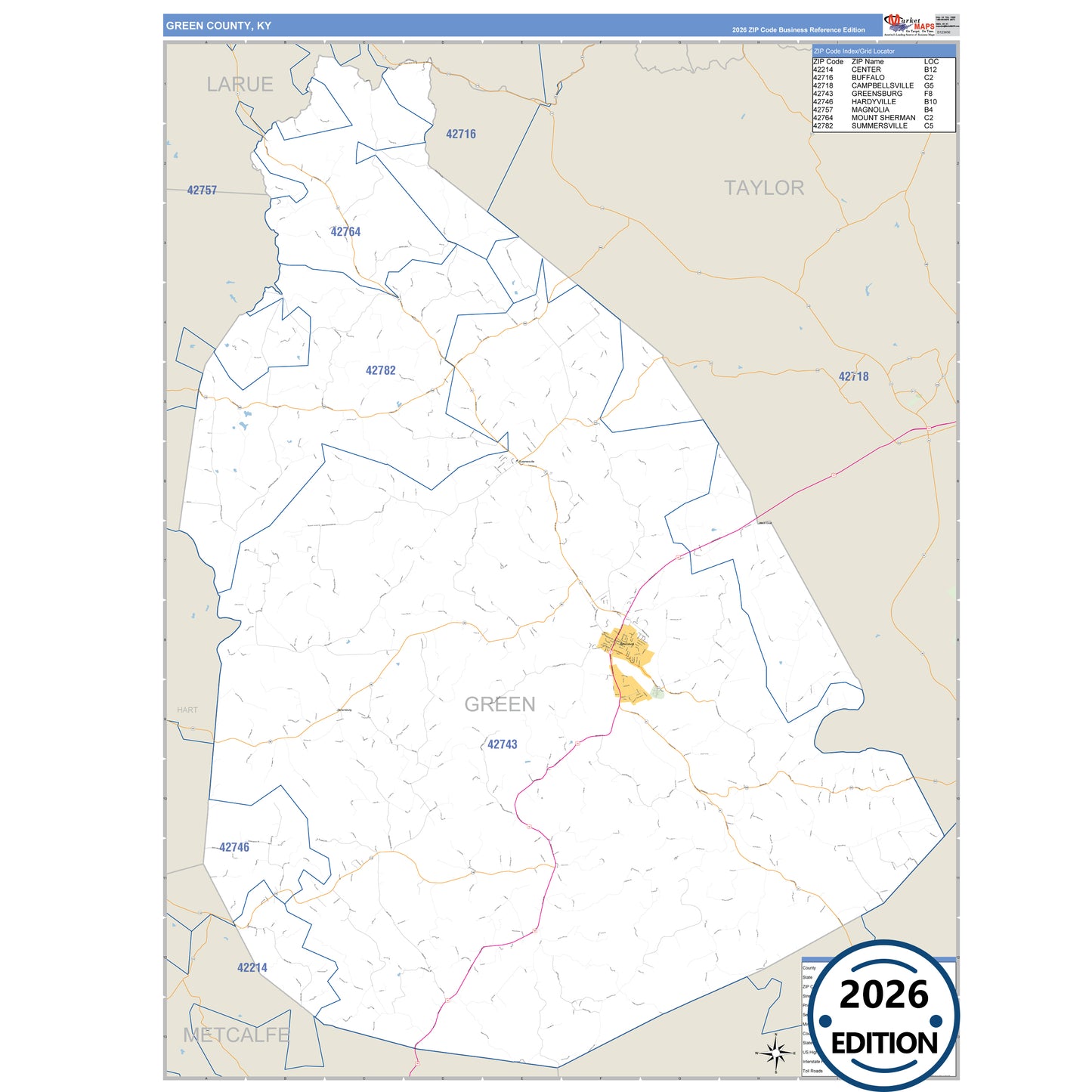Green County, KY Business Reference 5 Digit ZIP Code Wall Map