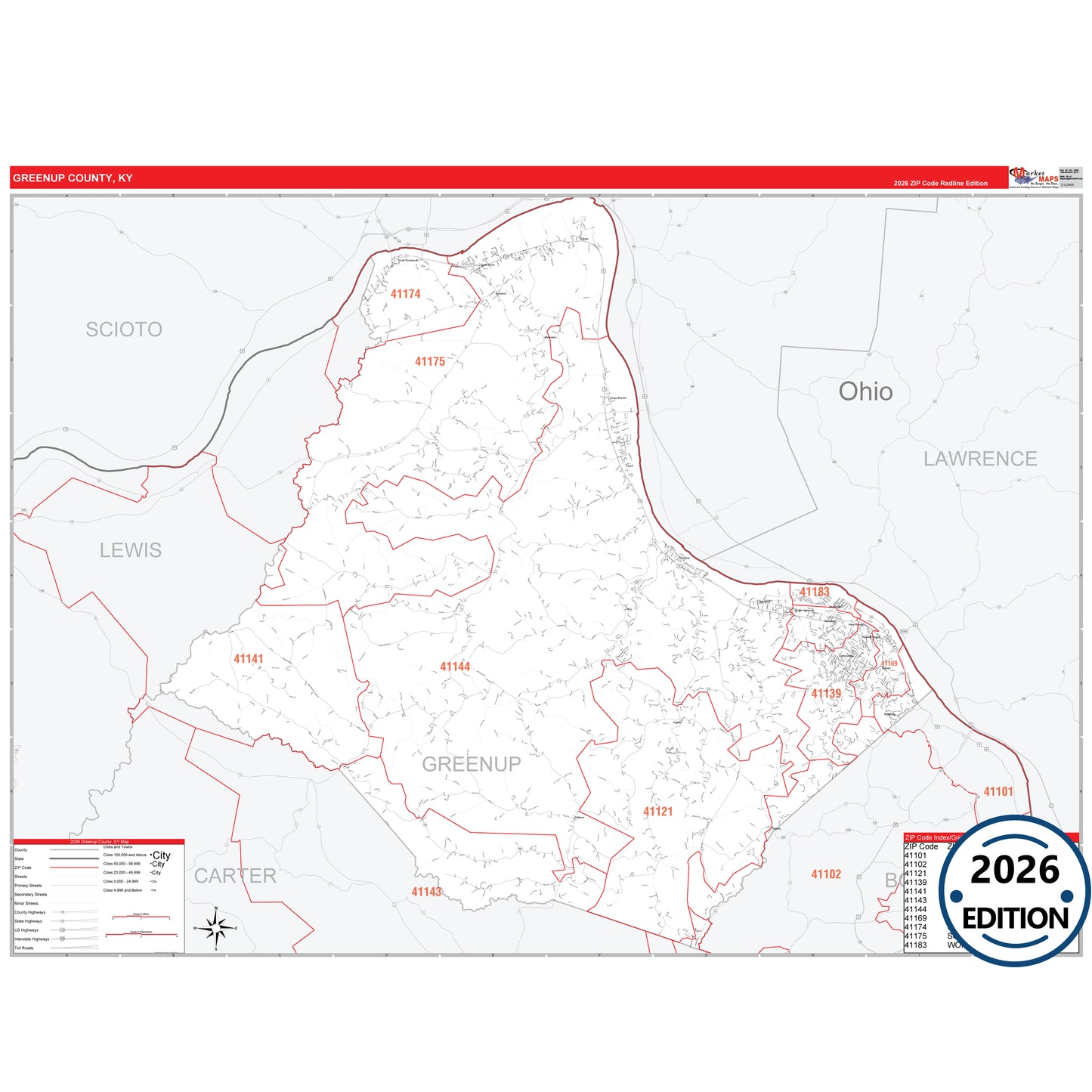 Greenup County, KY Red Line 5 Digit ZIP Code Wall Map