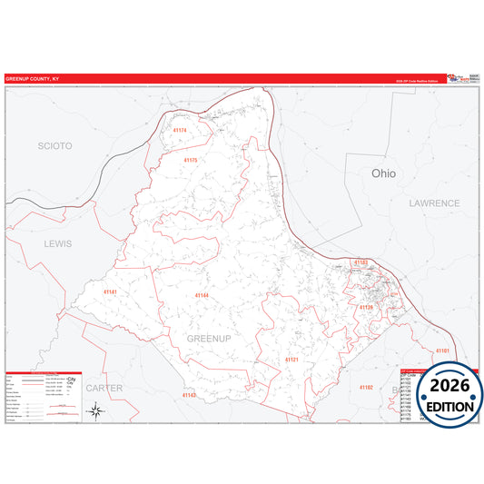 Greenup County, KY Red Line 5 Digit ZIP Code Wall Map