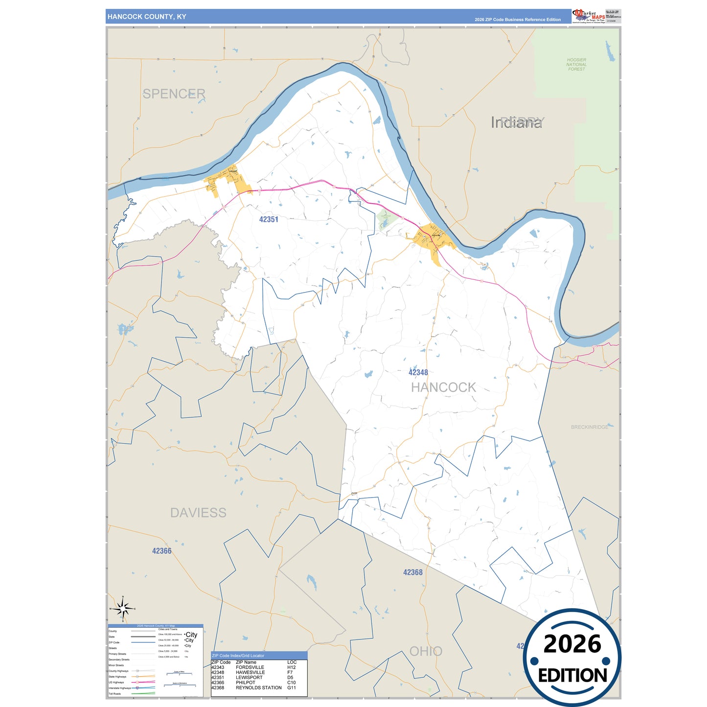Hancock County, KY Business Reference 5 Digit ZIP Code Wall Map