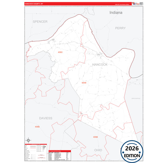 Hancock County, KY Red Line 5 Digit ZIP Code Wall Map