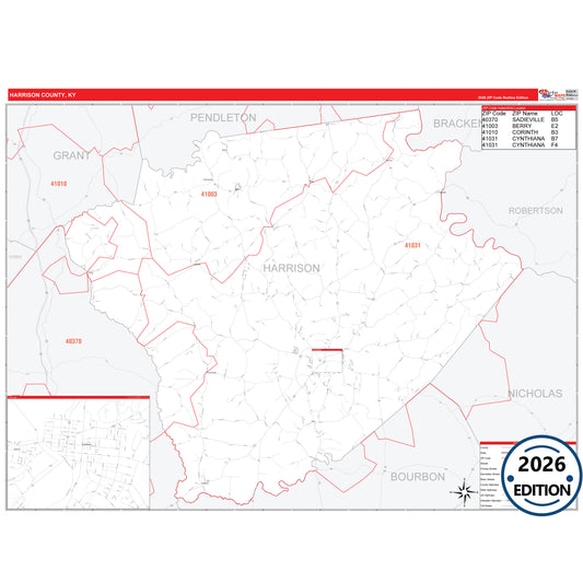 Harrison County, KY Red Line 5 Digit ZIP Code Wall Map