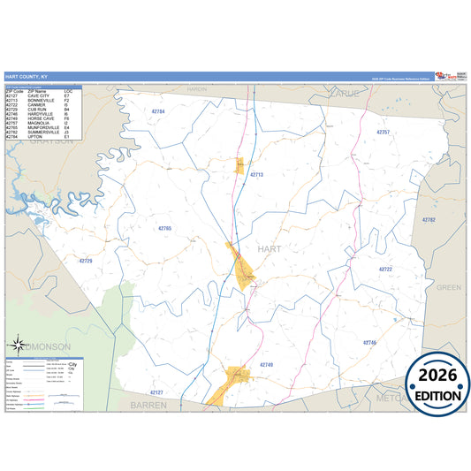 Hart County, KY Business Reference 5 Digit ZIP Code Wall Map