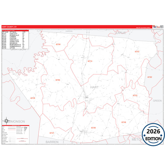 Hart County, KY Red Line 5 Digit ZIP Code Wall Map