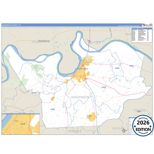 Henderson County, KY Business Reference 5 Digit ZIP Code Wall Map