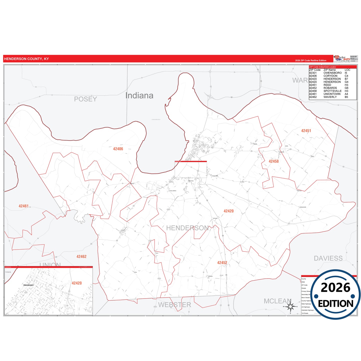 Henderson County, KY Red Line 5 Digit ZIP Code Wall Map
