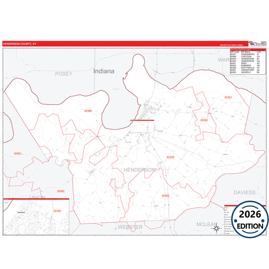 Henderson County, KY Red Line 5 Digit ZIP Code Wall Map