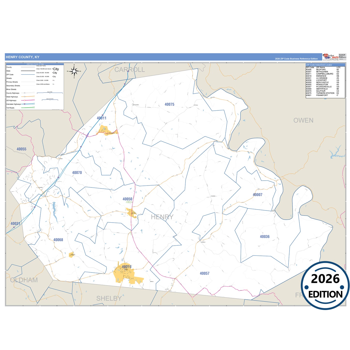 Henry County, KY Business Reference 5 Digit ZIP Code Wall Map