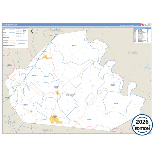 Henry County, KY Business Reference 5 Digit ZIP Code Wall Map