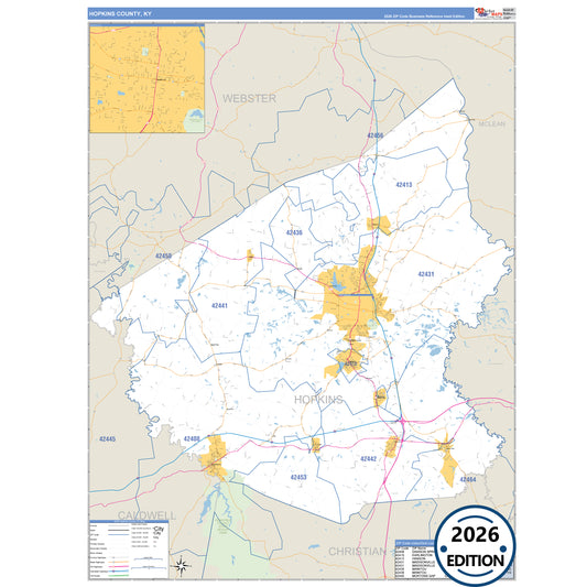 Hopkins County, KY Business Reference 5 Digit ZIP Code Wall Map