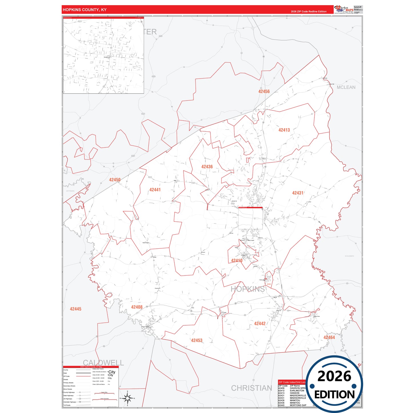 Hopkins County, KY Red Line 5 Digit ZIP Code Wall Map